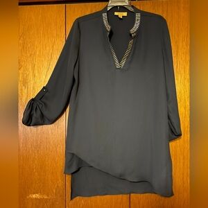 Valerie Stevens Black Tunic Blouse with Gold Neckline Detail